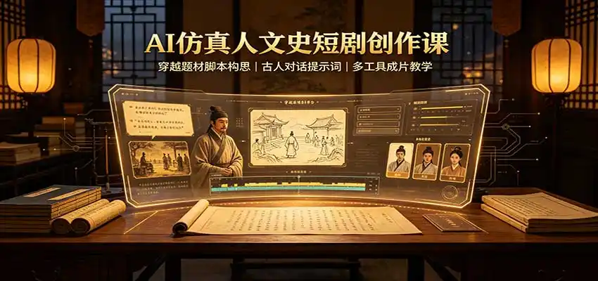 AI仿真人文史短剧创作课：穿越题材脚本构思，古人对话提示词，多工具成片教学-云网创