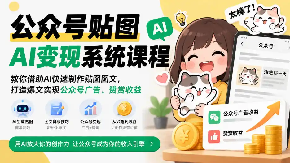 公众号贴图AI变现系统课程|教你借助AI快速制作贴图图文,打造爆文实现公众号广告、赞赏收益