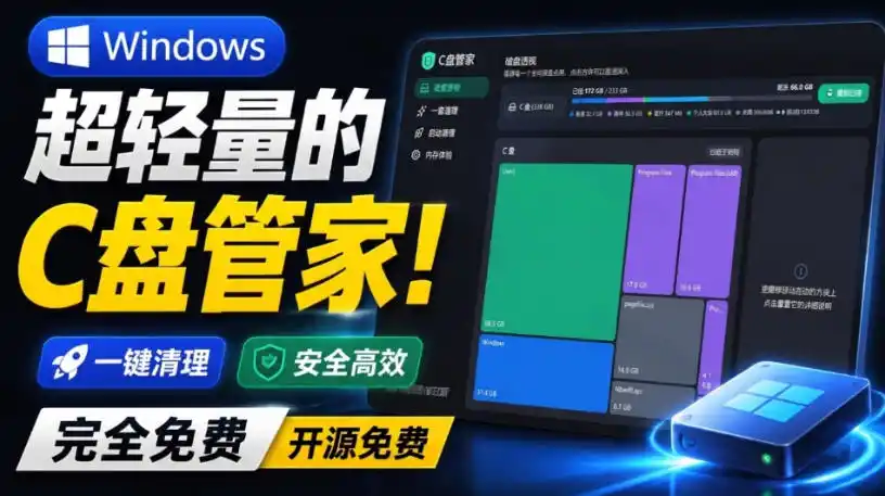 Windows超轻量的C盘管家!超级有特点,支持磁盘分析及清理提醒,2M大小体积,完全免费C盘管家-云网创