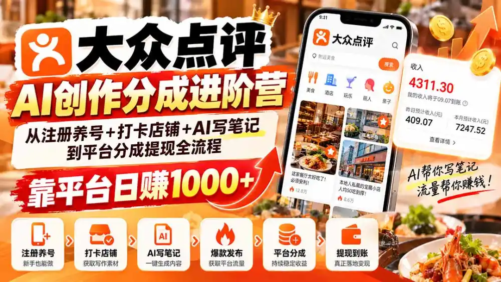 大众点评AI创作分成进阶营:从注册养号+打卡店铺+AI写笔记到平台分成提现全流程,靠平台日赚1000+-云网创