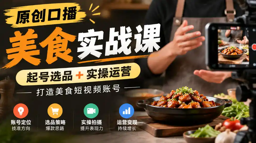 原创口播美食实战课,起号选品+实操运营,打造美食短视频账号-云网创