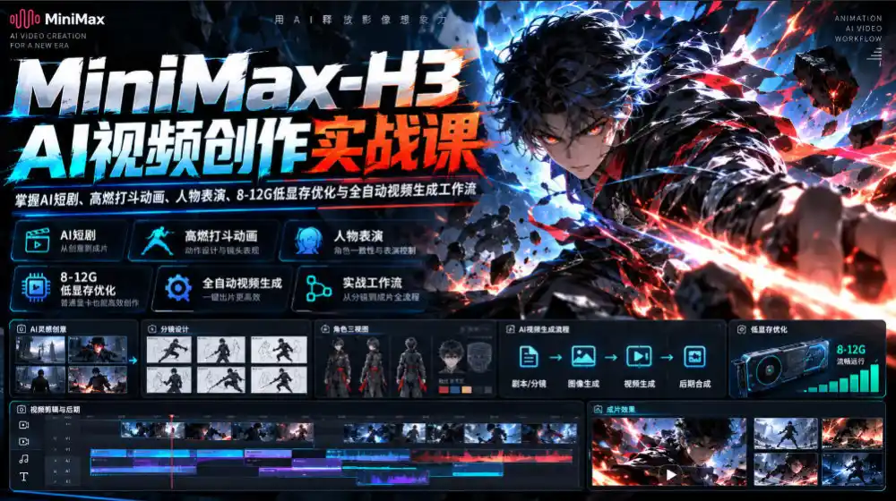 MiniMax-H3 AI视频创作实战课,掌握AI短剧、高燃打斗动画、人物表演、8-12G低显存优化与全自动视频生成工作流-云网创