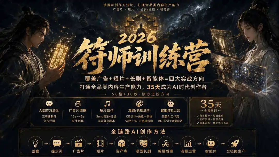 符师训练营-35天成为AI时代创作者,广告+短片+漫剧+智能体四大实战方向,掌握从创意到上线的完整工作流-云网创