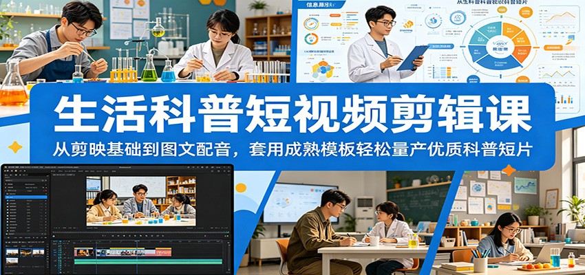 生活科普短视频剪辑课：从剪映基础到图文配音，套用成熟模板轻松量产优质科普短片-云网创