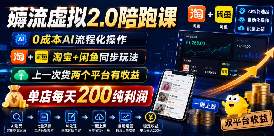 薅流虚拟2.0陪跑课，0成本AI流程化操作，淘宝+闲鱼同步玩法，上一次货两个平台有收益，单店每天200纯利润-云网创