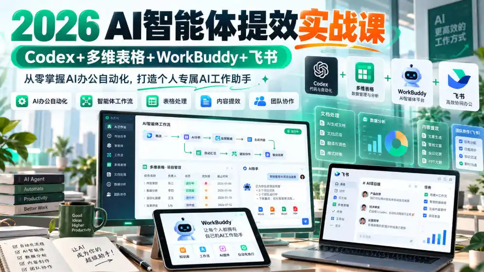 2026 AI智能体提效实战课:Codex+多维表格+WorkBuddy+飞书,从零掌握AI办公自动化,打造个人专属AI工作助手-云网创