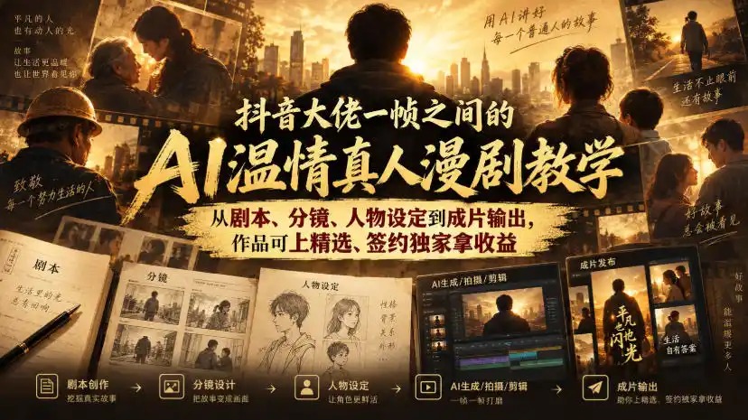 抖音大佬一帧之间的AI温情真人漫剧教学,从剧本、分镜、人物设定到成片输出,作品可上精选、签约独家拿收益-云网创