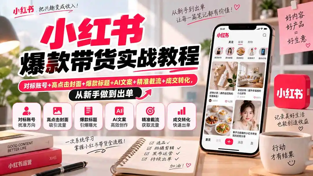 小红书爆款带货实战教程|对标账号+高点击封面+爆款标题+AI文案+精准截流+成交转化,从新手做到出单-云网创