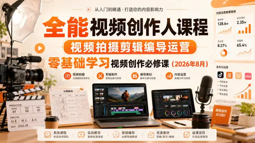 全能视频创作人课程，视频拍摄剪辑编导运营，零基础学习视频创作必修课(2026年8月)-云网创