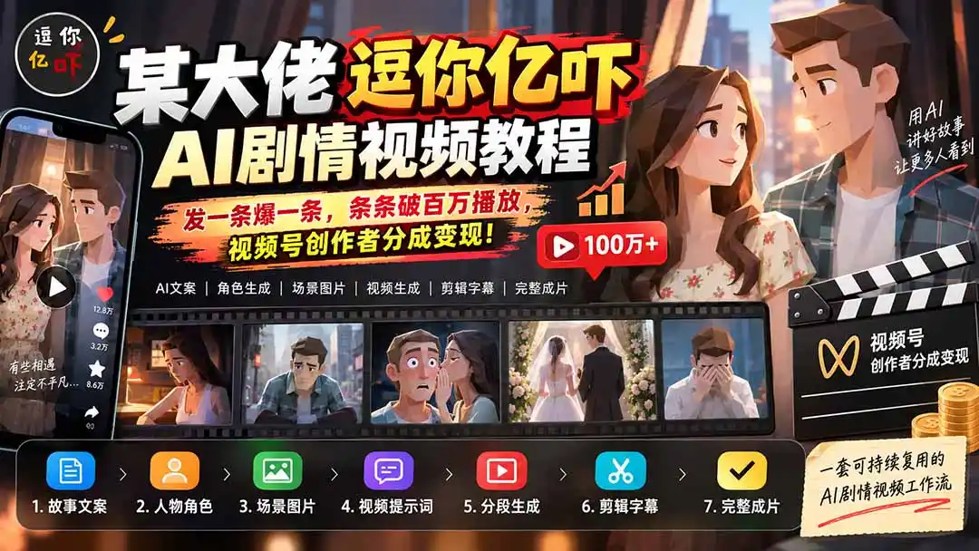 某大佬逗你亿吓AI低模剧情视频制作教程:发一条爆一条,条条破百万播放,利用视频号创作者分成变现!-云网创