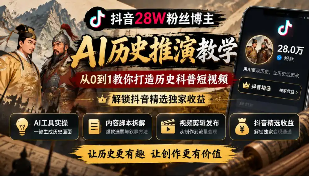 抖音28W粉丝博主的AI历史推演教学，从0到1教你打造历史科普短视频，解锁抖音精选独家收益-云网创