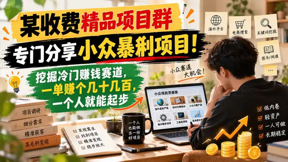 某收费精品项目群,专门分享小众暴俐项目!挖掘冷门赚钱赛道,一单赚个几十几百,一个人就能起步-云网创