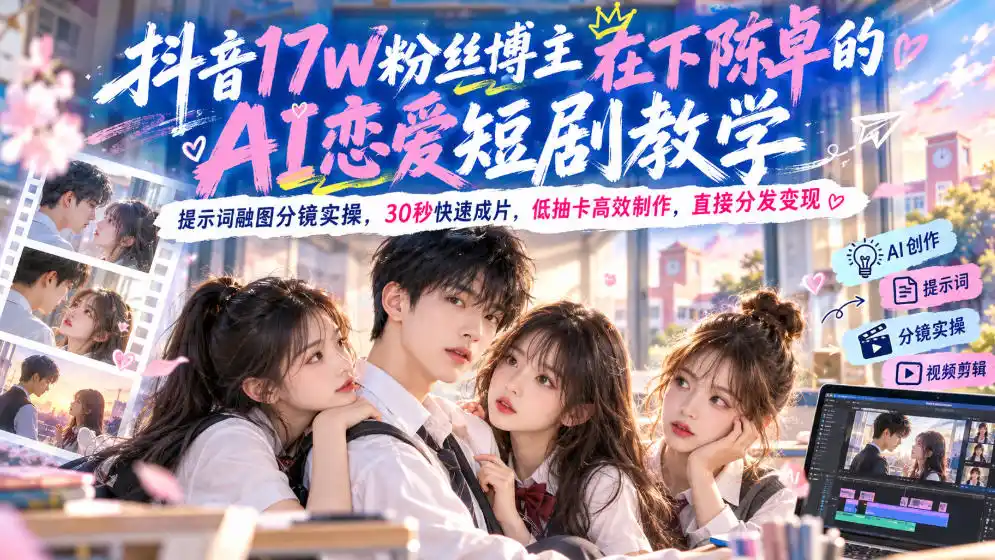 抖音17W粉丝博主在下陈卓的AI恋爱短剧教学,提示词融图分镜实操,30秒快速成片,低抽卡高效制作,直接分发变现-云网创