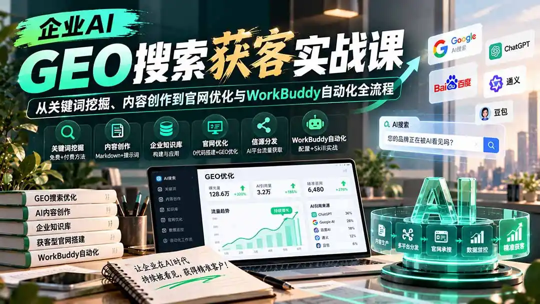 企业AI GEO搜索获客实战课:从关键词挖掘、内容创作到官网优化与WorkBuddy自动化全流程-云网创