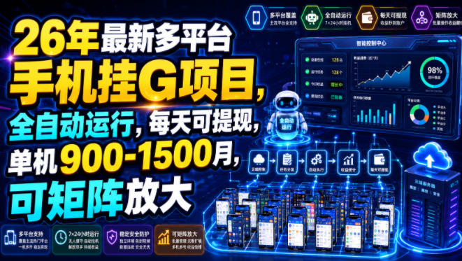 26年最新多平台手机挂G项目,全自动运行,每天可提现,单机900-1500月,可矩阵放大【揭秘】-云网创