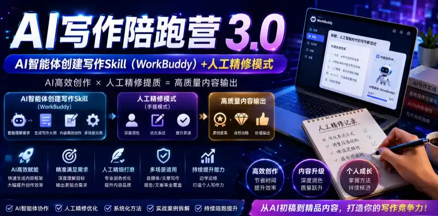 AI写作陪跑营3.0，Ai智能体创建写作skill(workbuddy)+人工手写模式(手搓模式)，去除AI痕迹(头条号、公众号、百家号)(更新0814)-云网创