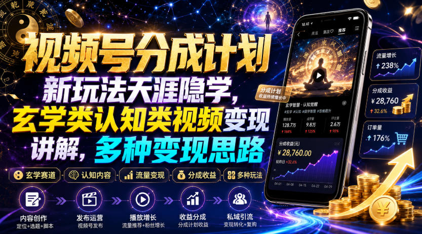 视频号分成计划新玩法天涯隐学，玄学类认知类视频变现讲解，多种变现思路-云网创