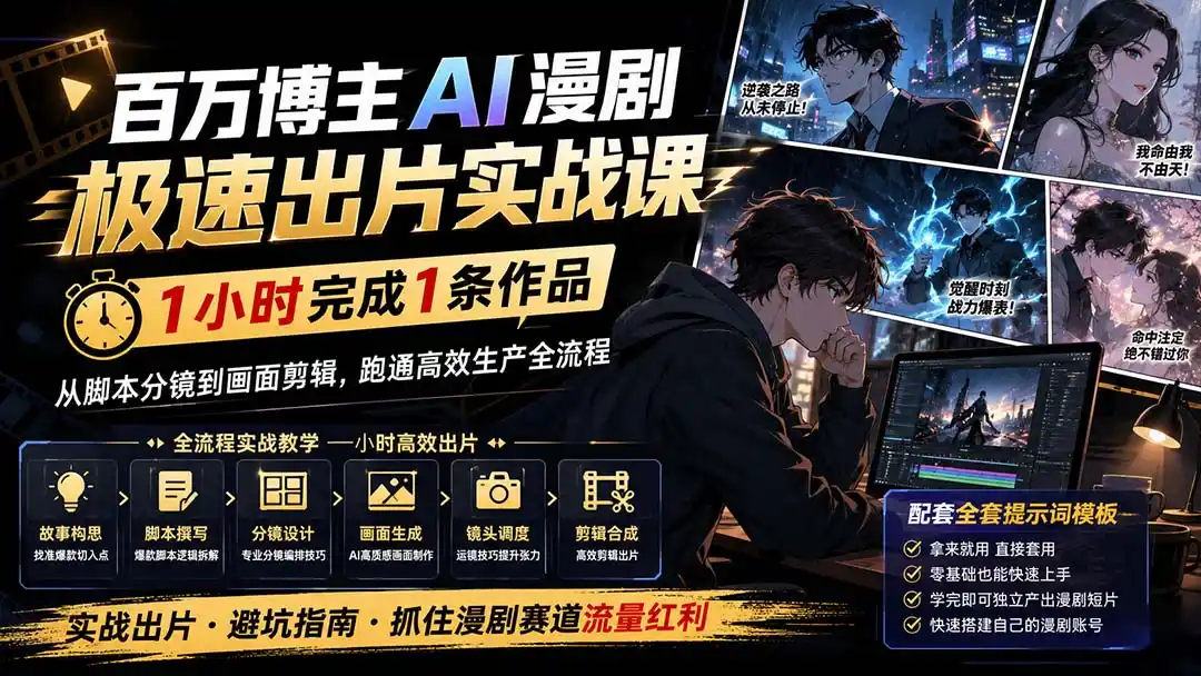 百万博主AI漫剧极速出片实战课：1小时产出条作品，从脚本分镜到画面剪辑，跑通高效生产全流程-云网创