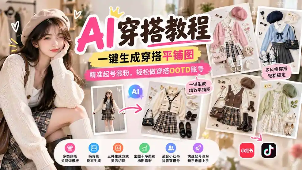 【无水印】AI穿搭教程|一键生成穿搭平铺图,精准起号涨粉,轻松做穿搭OOTD账号-云网创