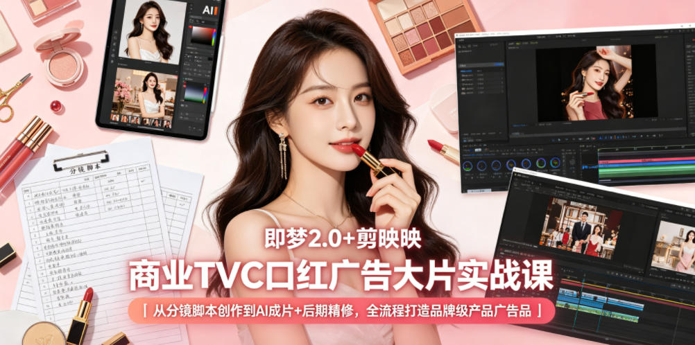 即梦2.0+剪映商业TVC口红广告大片实战课｜从分镜脚本创作到AI成片+后期精修，全流程打造品牌级产品广告-云网创