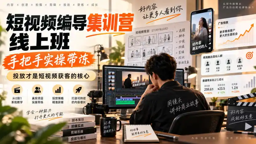 短视频编导集训营线上班,手把手实操带冻,投放才是短视频获客的核心-云网创