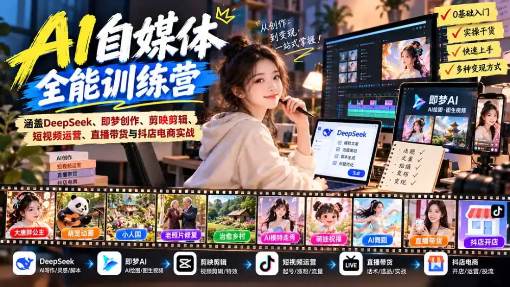 【无水印】AI+自媒体全能训练营:涵盖DeepSeek、即梦创作、剪映剪辑、短视频运营、直播带货与抖店电商实战-云网创