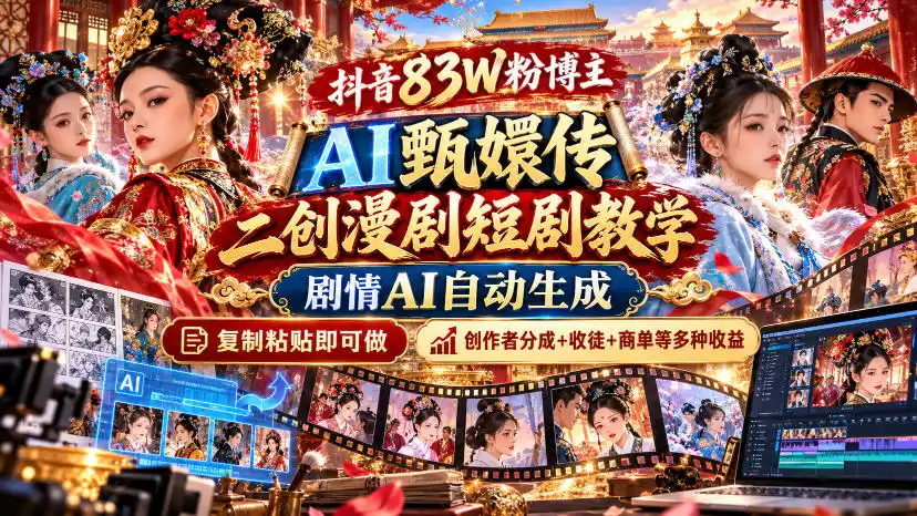 抖音83W粉博主AI甄嬛传二创漫剧短剧教学｜剧情AI自动生成，复制粘贴即可做，各大平台创作者分成+收徒等多种收益-云网创