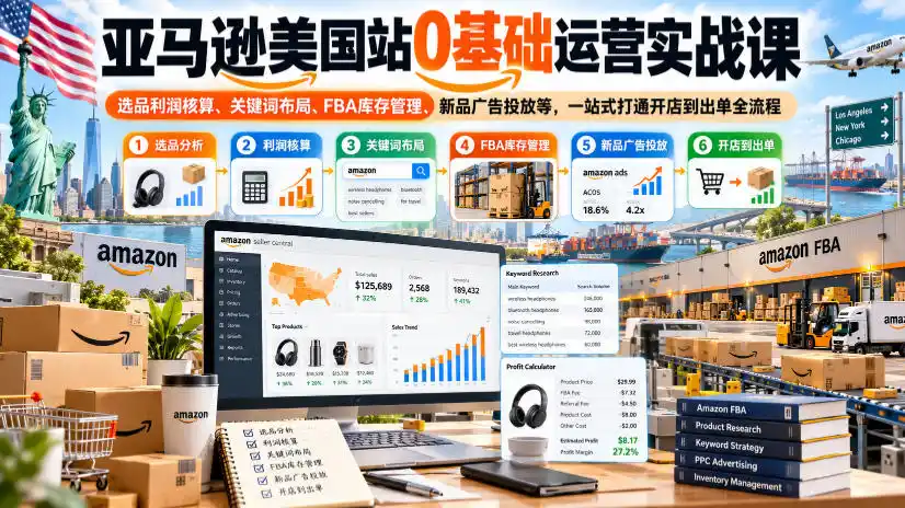 亚马逊美国站0基础运营实战课|选品利润核算、关键词布局、FBA库存管理、新品广告投放等,一站式打通开店到出单全流程-云网创