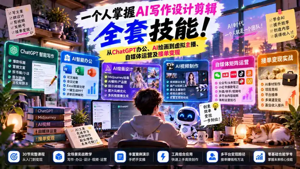 一个人掌握AI写作设计剪辑全套技能：从ChatGPT办公、AI绘画到虚拟主播、自媒体运营及接单变现-云网创