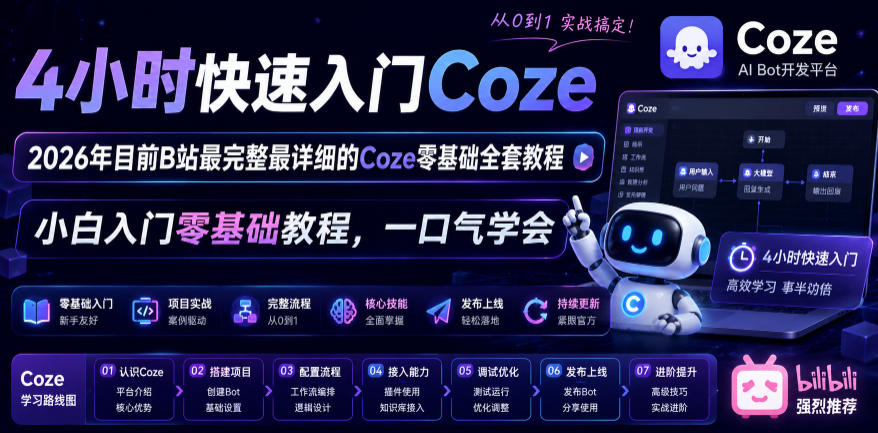 4小时快速入门Coze！2026年目前B站最完整最详细的Coze零基础全套教程，小白入门零基础教程，一口气学会！-云网创