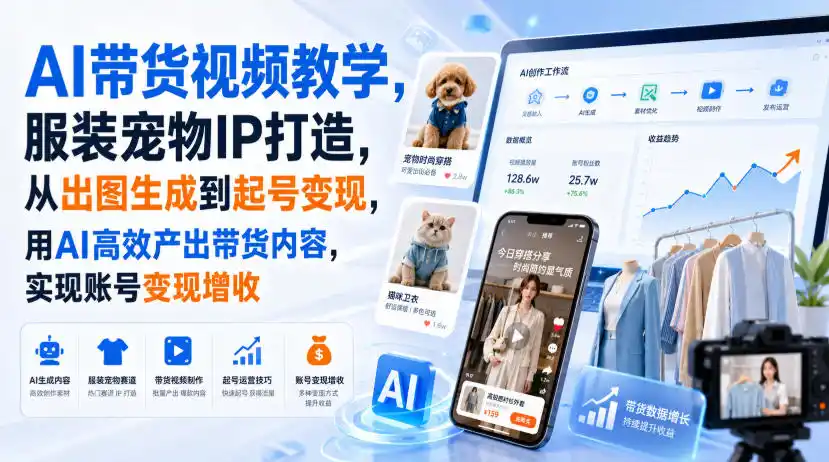 AI带货视频教学，服装宠物IP打造，从出图生成到起号变现，用AI高效产出带货内容，实现账号变现增收-云网创