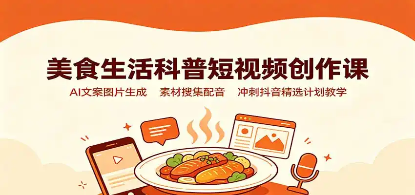 美食生活科普短视频创作课:AI文案图片生成,素材搜集配音,冲刺抖音精选计划教学-云网创
