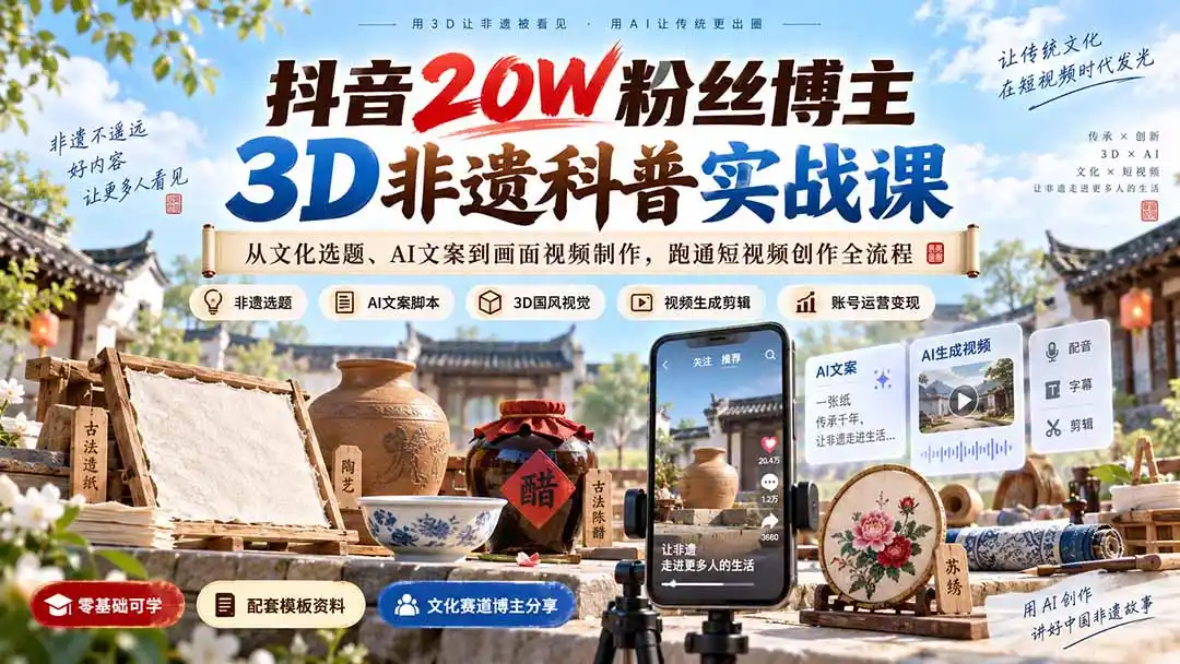 抖音20W粉丝博主3D非遗科普实战课：从文化选题、AI文案到画面视频制作，跑通短视频创作全流程-云网创