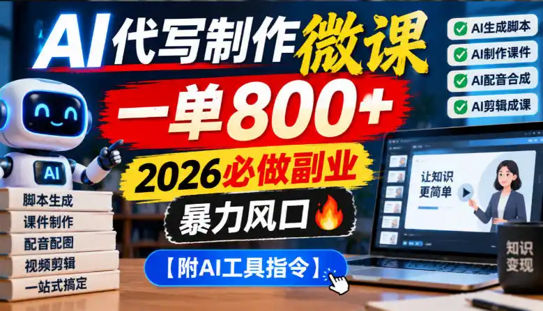 AI代写制作微课，一单800+，2026必做副业，暴力风口【附AI工具指令】【揭秘】-云网创