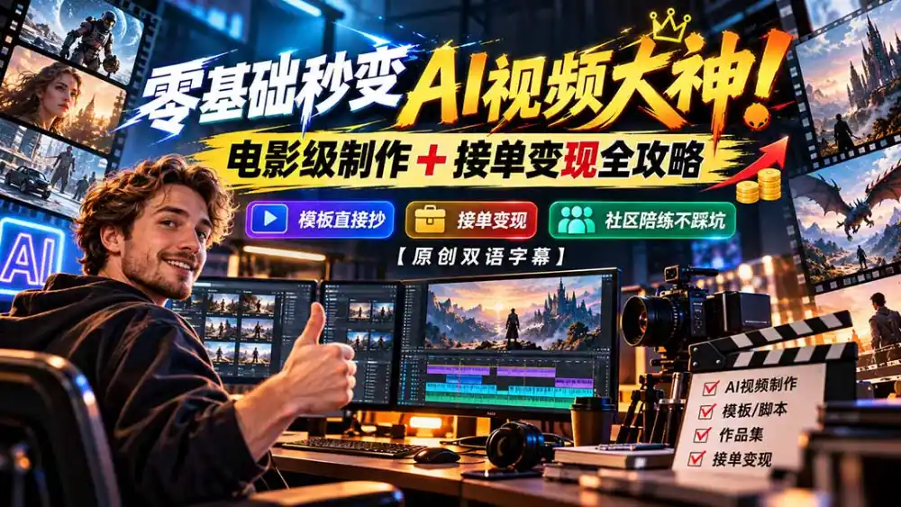 零基础秒变AI视频大神!电影级制作 + 接单变现全攻略,模板直接抄,社区陪练不踩坑【原创双语字幕】-云网创