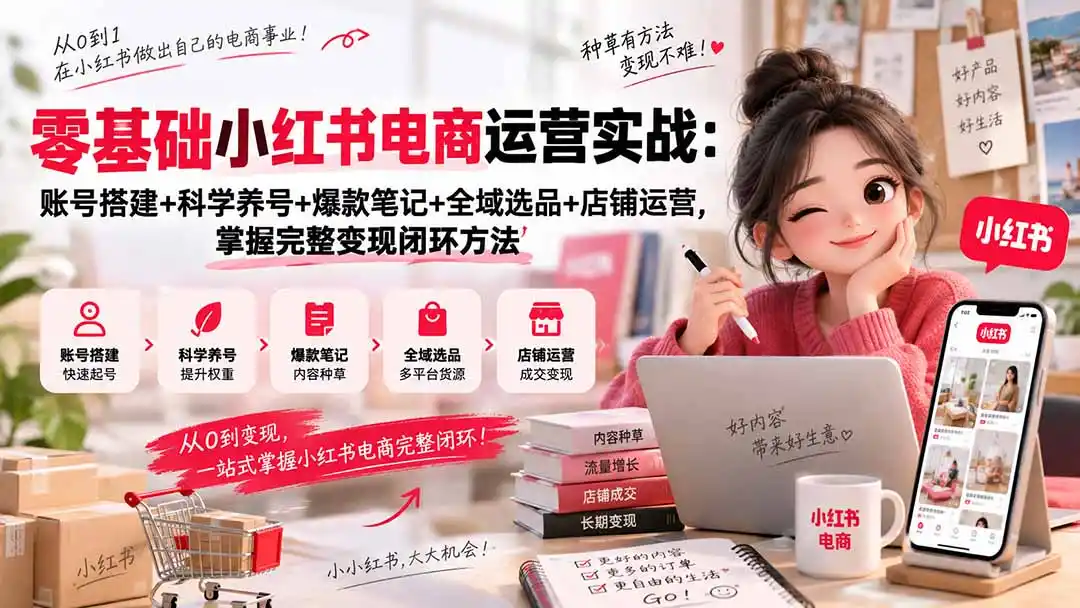 零基础小红书电商运营实战:账号搭建+科学养号+爆款笔记+全域选品+店铺运营,掌握完整变现闭环方法-云网创