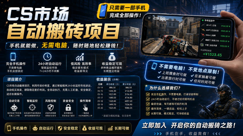 手机即可操作的CS市场自动搬砖系统｜自动监控｜自动下单|日入300+【揭秘】-云网创
