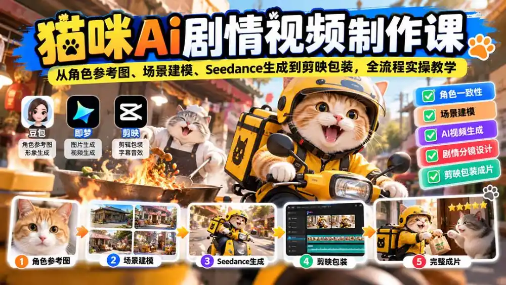 猫咪AI剧情视频制作课:从角色参考图、场景建模、Seedance生成到剪映包装,全流程实操教学-云网创