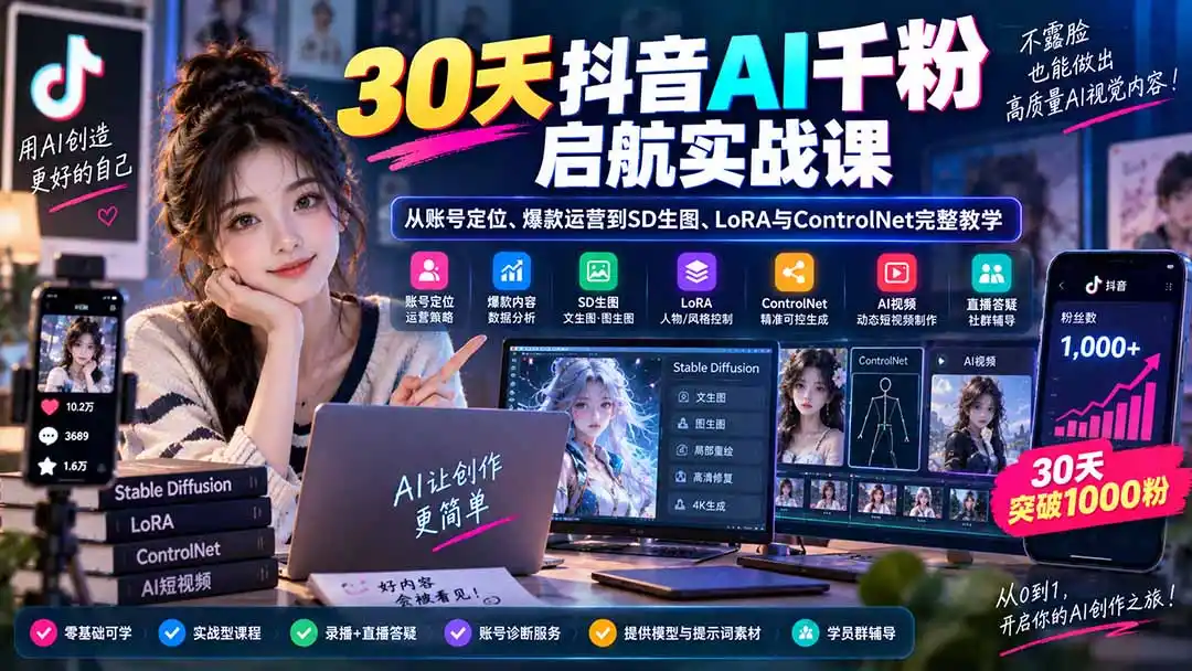 30天抖音AI千粉启航实战课:从账号定位、爆款运营到SD生图、LoRA与ControlNet完整教学-云网创