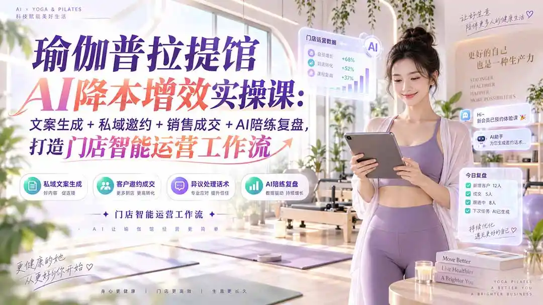 瑜伽普拉提馆AI降本增效实操课:文案生成+私域邀约+销售成交+AI陪练复盘,打造门店智能运营工作流-云网创
