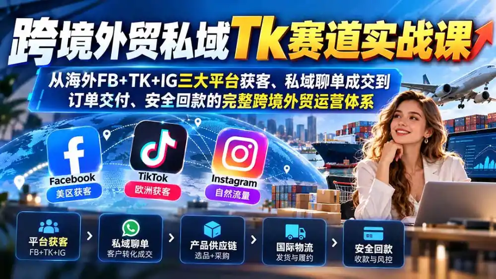 跨境外贸私域Tk赛道实战课：从海外FB+TK+IG三大平台获客、私域聊单成交到订单交付、安全回款的完整跨境外贸运营体系-云网创