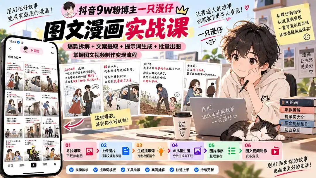 抖音9W粉博主一只漫仔图文漫画课：爆款拆解+文案提取+提示词生成+批量出图，掌握图文视频制作变现流程-云网创