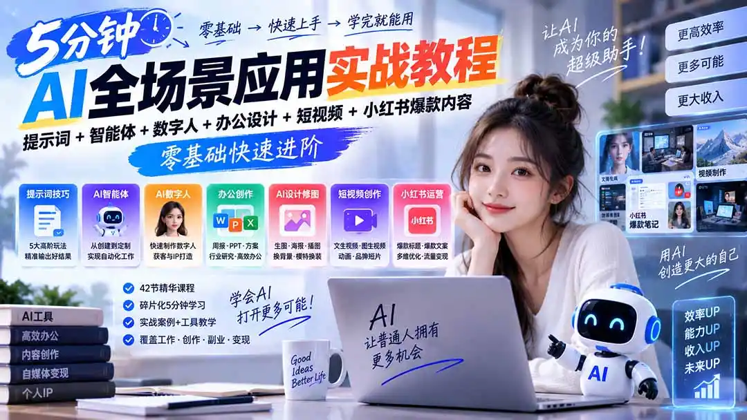 AI全场景应用实战教程|提示词+智能体+数字人+办公设计+短视频+小红书爆款内容,零基础快速进阶-云网创