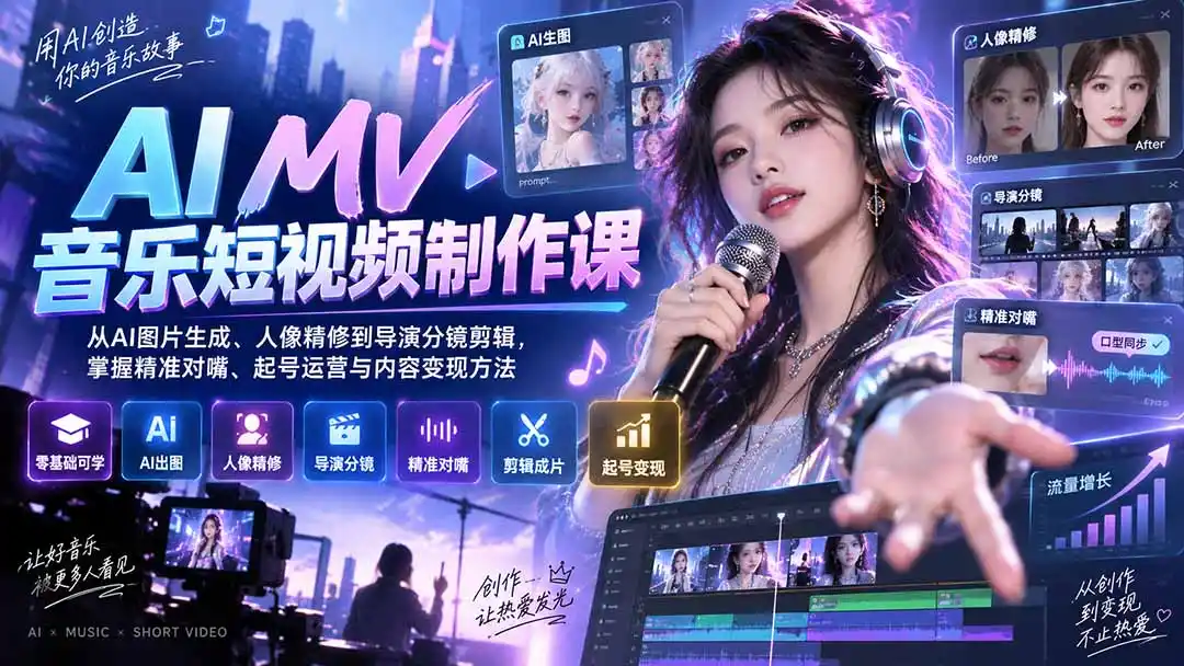 AI MV音乐短视频制作课:从AI图片生成、人像精修到导演分镜剪辑,掌握精准对嘴、起号运营与内容变现方法-云网创