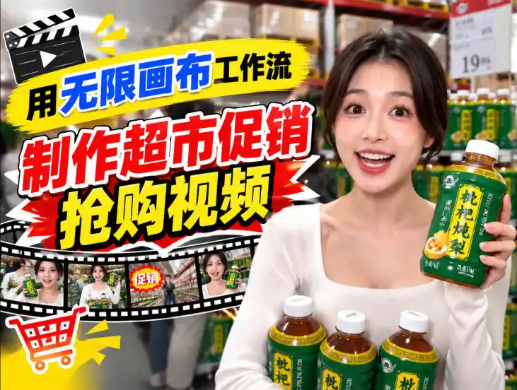 无限画布超市促销抢购视频工作流,一键产出TikTok抖音带货短视频-云网创