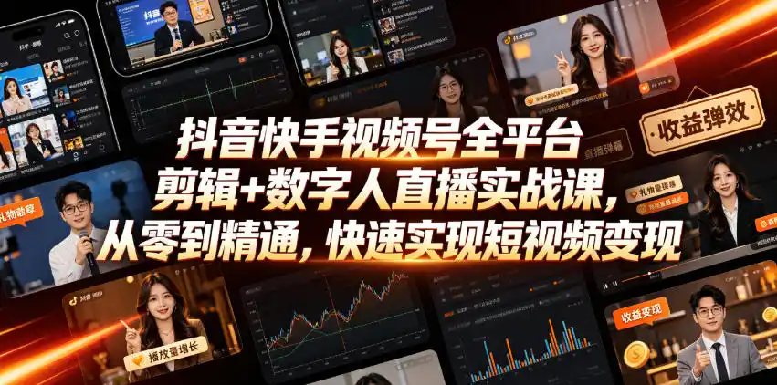 抖音快手视频号全平台剪辑+数字人直播实战课,从零到精通,快速实现短视频变现(更新2026年10月)-云网创