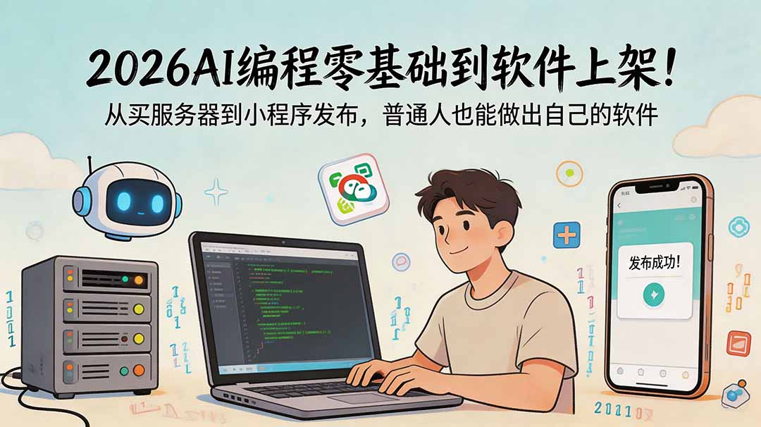 2026AI编程零基础到软件上架！从买服务器到小程序发布，普通人也能做出自己的软件-云网创