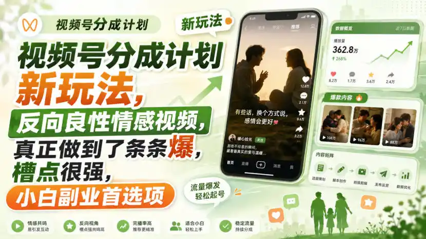 视频号分成计划新玩法,反向良性情感视频,真正做到了条条爆,槽点很强,小白副业首选项-云网创