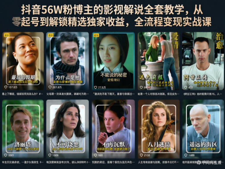 抖音56W粉博主的影视解说全套教学，从零起号到解锁精选独家收益，全流程变现实战课-云网创