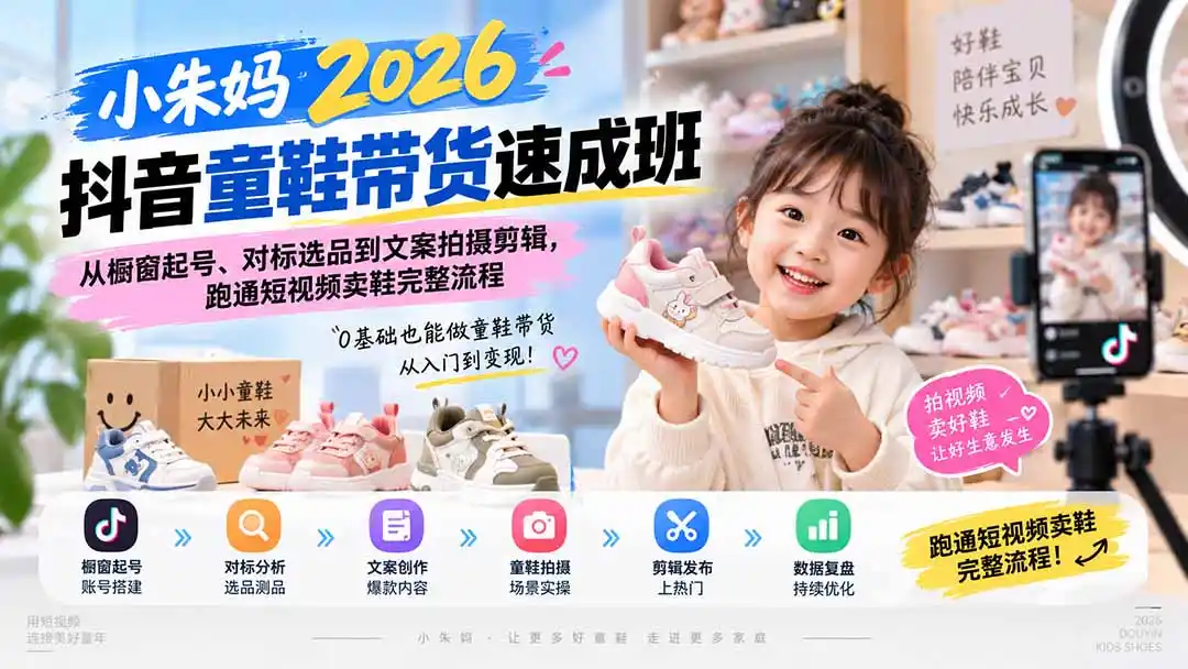 小朱妈2026抖音童鞋带货速成班：从橱窗起号、对标选品到文案拍摄剪辑，跑通短视频卖鞋完整流程-云网创